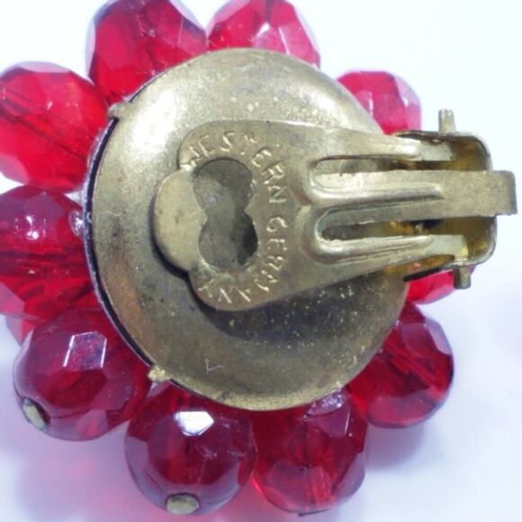 Vintage Western Germany Red Beaded Clip Earrings, 1950s, 1 1/8 Inches - Picture 7 of 10